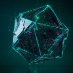 Forma geométrica tridimensional com brilho verde neon em uma composição digital futurista.