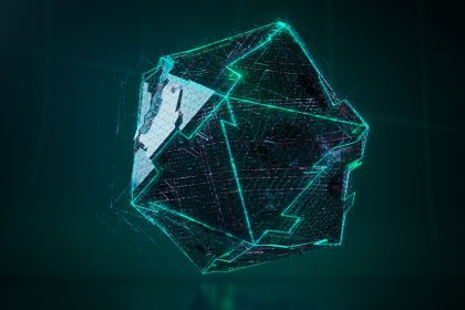 Forma geométrica tridimensional com brilho verde neon em uma composição digital futurista.