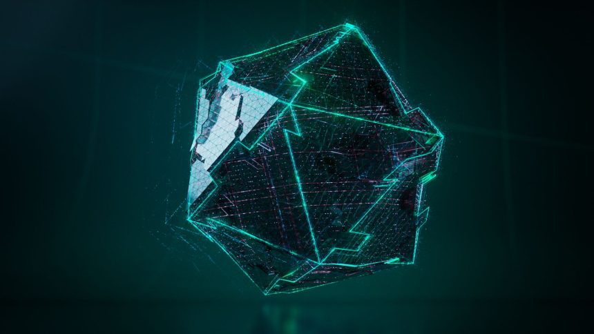 Forma geométrica tridimensional com brilho verde neon em uma composição digital futurista.
