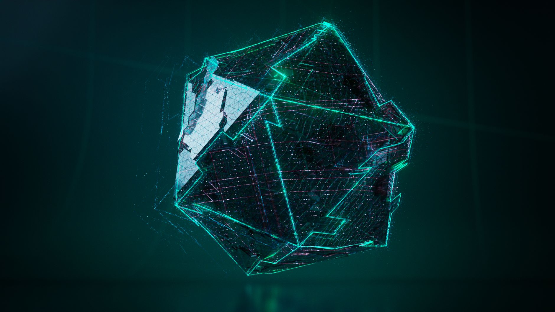 Forma geométrica tridimensional com brilho verde neon em uma composição digital futurista.